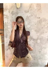 Dot Silk Shirring Strap Short-Sleeved Blouse