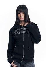 Lettering Embroidered Hoodie Zip-Up - Black