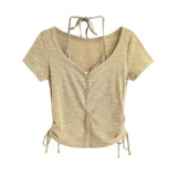 String wrap button short sleeve cardigan top 231216035
