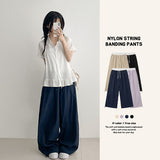 Lavender💜 Waist color-contrast nylon slacks wide pants (4 colors) #CrinklePants