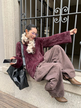 ワインレッドフラッフィーVネックオーバーサイズニット