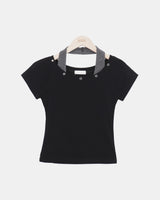 Woven Eyelet Halter Short-Sleeve T-Shirt