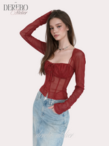 red square chiffon long-sleeve blouse