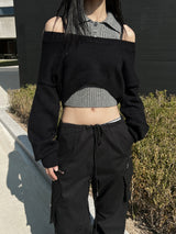 Halter collar sleeveless & long sleeve cropped knit two-piece set (2 colors)