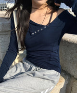 ドド スナップボタン オフショルダー ボートネック パネルド ロングスリーブ Tシャツ (5 Colors)
