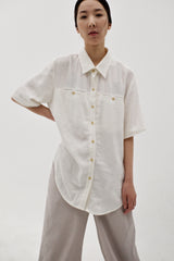 Linen crinkle half shirt, Ivory