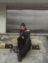 [Muffler set] レイオフショルダーストライプロングスリーブ