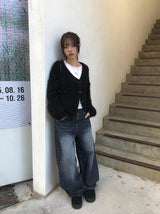 ボウリングヘムスナップワイドウォッシュデニムパンツ
