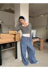 Blue Check Wide Casual Pants