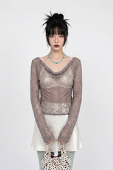 COWL-NECK LACE TOP (MOCHA)