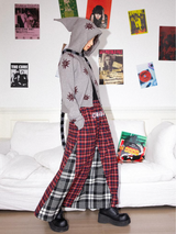 Irregular hemline design printed double-checkered pattern patchwork loose long half skirt
