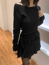 スティルピュアソフトフリルボートネックロングスリーブニットトップス