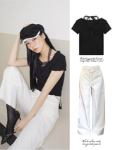 Black Layered Halterneck Strap Short Sleeve T-shirt