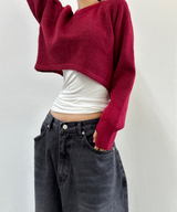 (WARMER DETAIL!) THICK CROPPED WIDE LOOSE ROUND KNIT - 2 COLOR