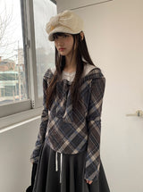 シッソンチェックスカーフオフショルダーロングスリーブTシャツ