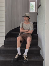 ボニーリネンストライプUネック半袖Tシャツ