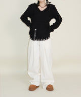 ラバーVネックダメージカットポイント長袖ニット (wool material)