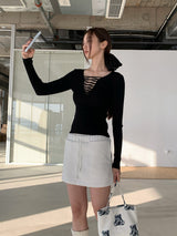 Black Strap Point Long-Sleeved Slim T-Shirt