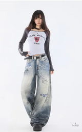 Hand-Painted Distressed High-Waisted Wide-Leg Jeans