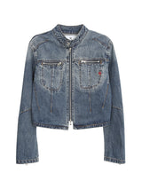 Round medium blue zip-up denim jacket