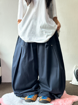 コリアン/ストリング 🩵 スタッドリベットポイントフロントスリットオーバーヒップバルーンワイドパンツ🩶🖤🩵 - 3カラーズ