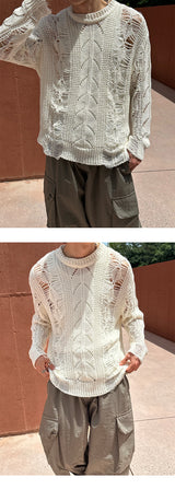 [PREMIUM] Grunge damage round neck knit (3color)