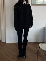 [UNISEX] Overfit velor off shoulder double snap button long sleeve knit T (4 colors)
