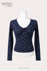Blue Floral Deep V Long Sleeve T-shirt