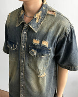 Groot damage denim short-sleeved shirt
