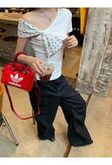Lace Black Side Shirring Casual Pants