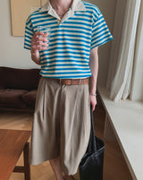 Summer Terry Stripe Collared Short Sleeve Tee