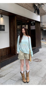Mint off-shoulder lace long-sleeved see-through knitwear