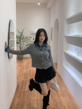 Perry Denim-Layer Cable Knit Long Sleeve Cardigan