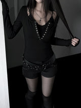 rock chic black button long sleeve T