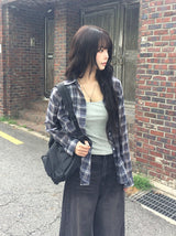 [Shirt + Sleeveless Set] ミロング オーバー フィット チェック カラー シャツ