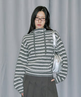 Stripe Turtleneck Balloonfit Hood Knit - GRAY