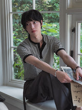 Yushi ストライプヘンリーネック半袖Tシャツ
