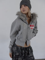 FUR TRIMMING HOODED ZIP-UP / MELANGE GRAY