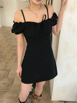 Garden Square Puff Shirring Ribbon Mini Dress