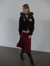 FUR TRIMMING HOODED ZIP-UP / BLACK