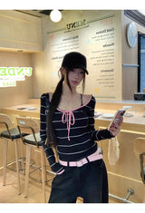 Pink strap striped striped long-sleeved t-shirt