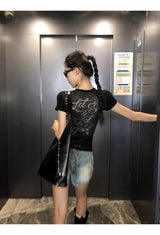 バックシースルービーズブラックラウンド半袖Tシャツ