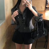 [BELLIDE MADE] Flared denim jacket & blouse