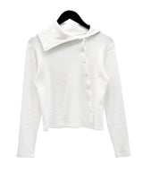 Sailor Collar Unbalanced Button Ribbed T-Shirt