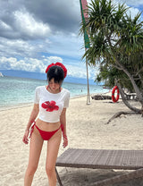 Flower-printed cropped short-sleeved T-shirt