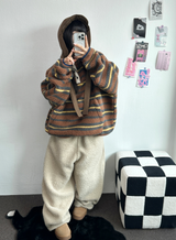 ストライプフリースワンサイドストリングアノラックニットスウェット 💙🩶🧡3COLOR