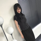 Giol Geek chic Stripe Shirring Puff Short-Sleeved Shirt