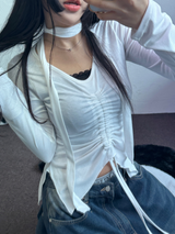 SCARF SET🧸SHRING RUFFLE SLICK POINT SLIM LONG SLEEVE T SHIRT 🧸🤍🖤🩶3COLOR