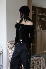Leaf fur off-shoulder knit