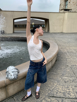 リボンビーズダークブルーワイドバミューダデニムパンツ